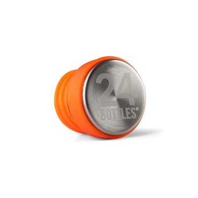 Tampa de garrafa de aço inoxidável com selo de silicone laranja e texto '24 BOTTLES'