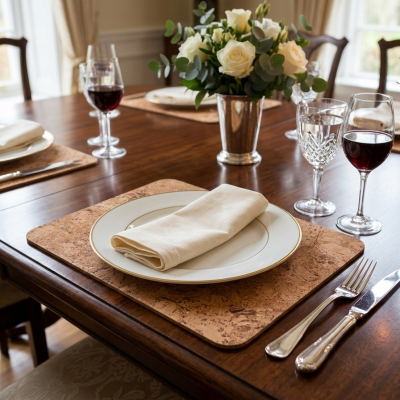 Mesa posta com prato, talheres, copos, vinho, guardanapo e flores