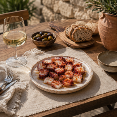 Prato com polvo cozido e especiarias, copo de vinho branco, azeitonas, pão e planta em vaso sobre mesa de madeira