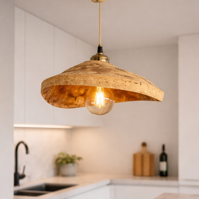 Candeeiro pendente com cúpula em cortiça natural e lâmpada de filamento visível
