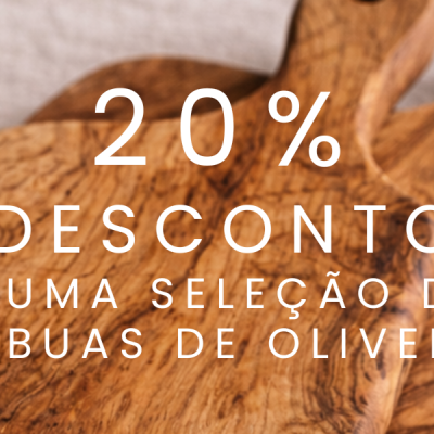 Tábuas de cortar em madeira de oliveira com texto de desconto sobreposto