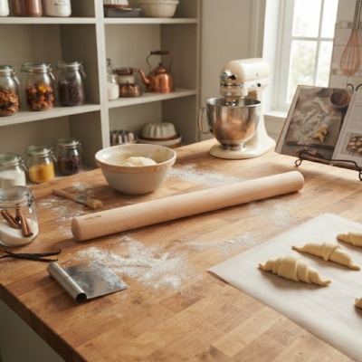 Bancada de cozinha com utensílios para pastelaria e ingredientes