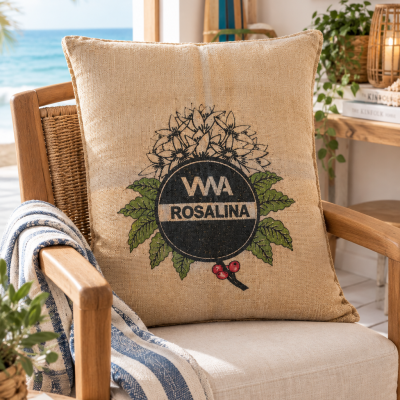 Almofada decorativa bege com estampa do logotipo VVA Rosalina numa cadeira de madeira com almofada creme e manta azul e branca