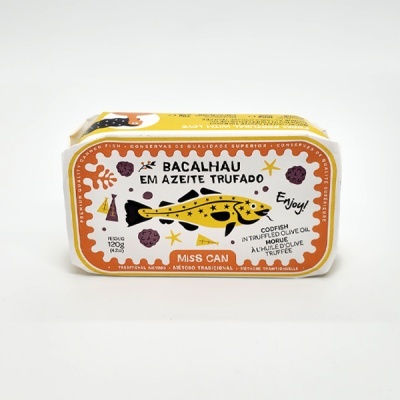 Lata de bacalhau em azeite trufado marca Miss Can