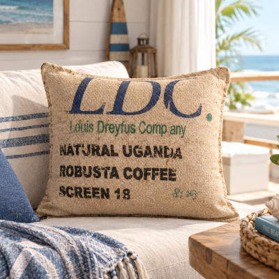 Almofada rústica castanha com texto em azul e preto em cama ou sofá com vista para o mar