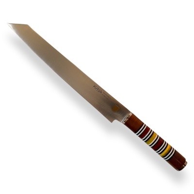 Faca de cozinha com lâmina metálica e cabo colorido em madeira