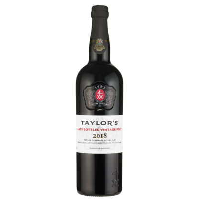 Garrafa de vinho do Porto Taylor's Late Bottled Vintage Port 2018 com rótulo branco e texto em preto e vermelho