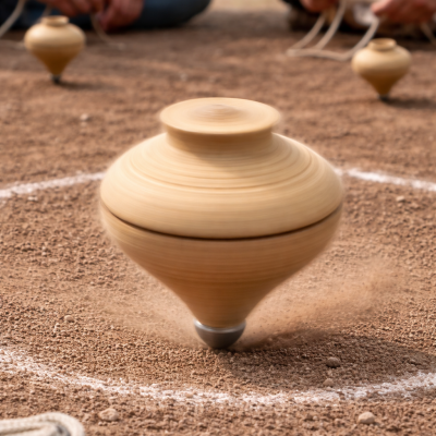 pião de madeira a girar no chão com pessoas ao fundo e chapéu no chão