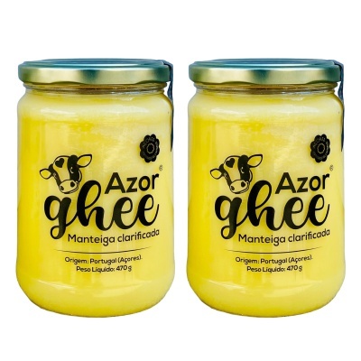 Dois frascos de vidro com manteiga clarificada Azor Ghee