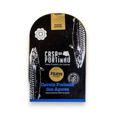 Lata de cavala fumada dos Açores da Casa do Portinho com design preto e branco e texto em azul.
