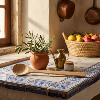 Colher de pau longa sobre azulejos decorativos, vaso de barro com plantas verdes, regador dourado e frasco de cor branca com tampa de cortiça numa cozinha rústica