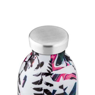 Garrafa térmica metálica com padrão colorido abstrato