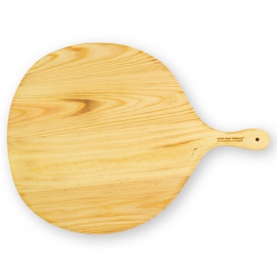 Tábua redonda de madeira clara para pizza com cabo e texto impresso