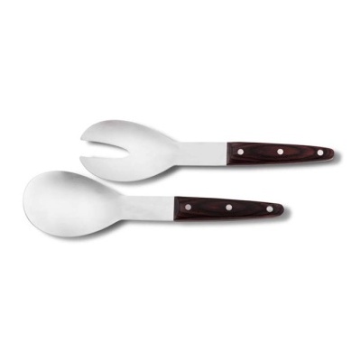 Conjunto de talheres de servir em aço inoxidável com cabos castanhos e rebites