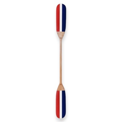 Pá dupla de canoagem em madeira com design tricolor vermelho, branco e azul