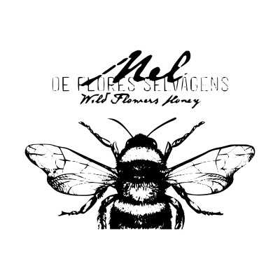 Desenho preto e branco de uma abelha com texto de mel de flores selvagens