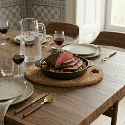 Mesa posta com pratos, talheres, vinho, jarra de água e prato de ferro fundido com carne