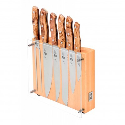 Conjunto de facas de cozinha com base de madeira e painel transparente