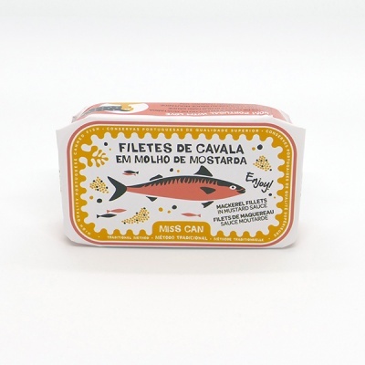 Lata de filetes de cavala em molho de mostarda com design colorido