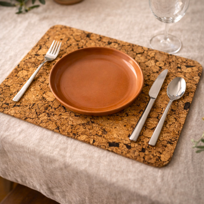 Prato castanho, talheres de aço, copo vidro, toalha bege, base cortiça e vela acesa