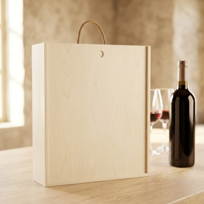Caixa de madeira clara com asa de corda ao lado de garrafa e copos de vinho num interior