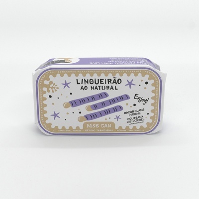 Lata de conserva de lingueirão ao natural Miss Can com design roxo e bege