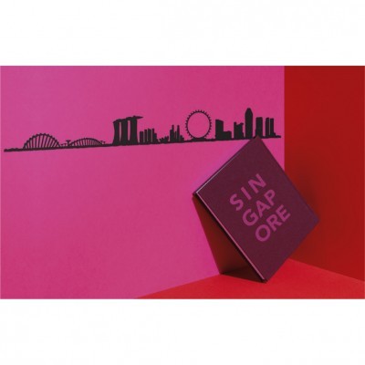 Livro bordô com texto SINGAPORE apoiado em superfície vermelha em frente a parede rosa com silhueta preta da skyline de Singapura