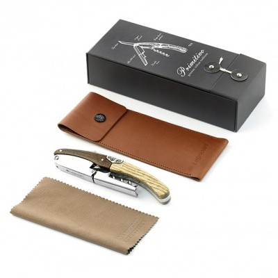 Conjunto de saca-rolhas para vinho com estojo, pano e caixa preta com texto