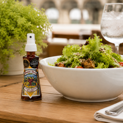Frasco de vinagre natural de vinho e salada com alface num recipiente branco sobre mesa de madeira