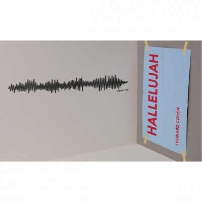 Cartaz azul com texto vermelho 'HALLELUJAH' e 'LEONARD COHEN' junto a arte ondulada preta numa parede cinzenta
