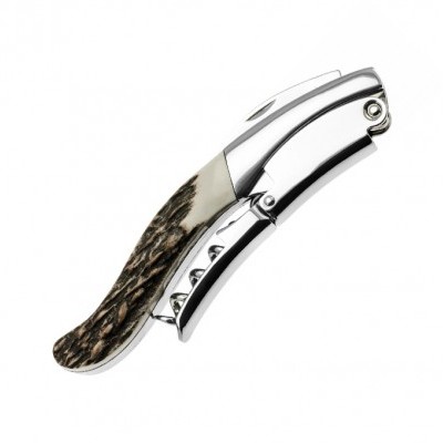 Abridor de vinho metálico com punho imitação madeira castanha