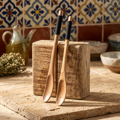 Duas colheres de pau com embainhamento preto encostadas num bloco de madeira rústica, em ambiente de cozinha com azulejos decorativos.