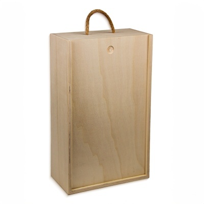 Caixa retangular de madeira clara com tampa e alça de corda