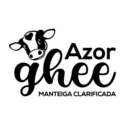 Logótipo preto e branco de ghee Azor com cabeça de vaca e texto