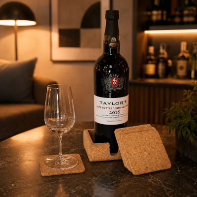 Garrafas de vinho Taylors Porto 2018 em suporte de cortiça na mesa com copo de vinho.