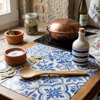 Colher de madeira sobre azulejos portugueses azuis e brancos com potes de barro e panela de cobre numa cozinha