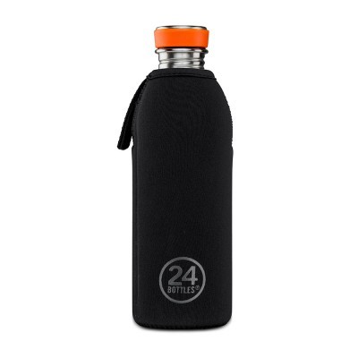 Garrafa reutilizável de aço inoxidável com capa preta e tampa laranja