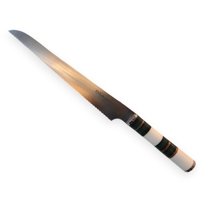 Faca de cozinha com lâmina serrilhada e cabo riscado verde e branco