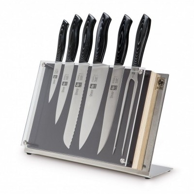 Conjunto de facas em suporte transparente com cabo preto e lâminas em aço inox