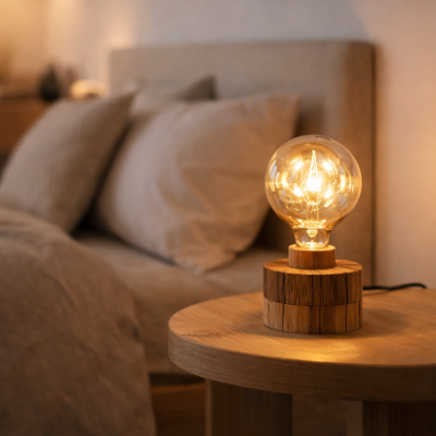 Lâmpada LED com base de madeira numa mesa ao lado de uma cama com almofadas cinzentas