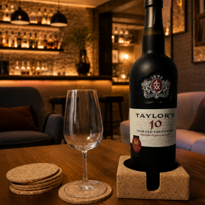 Garrafa de vinho Taylors 10 Year Old Tawny Port com copo de vinho e descansos de cortiça numa mesa de madeira num bar
