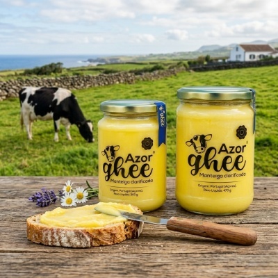 Dois frascos de manteiga clarificada Azor Ghee de 300 g e 470 g numa mesa de madeira com pão, faca, flores e campo com vaca ao fundo