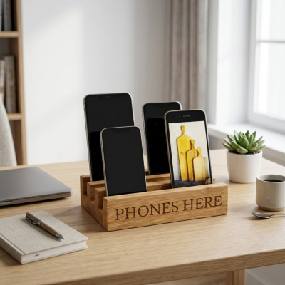 Suporte de madeira para telemóveis com quatro telemóveis, em mesa com caderno, caneta, computador portátil, planta e chávena de café