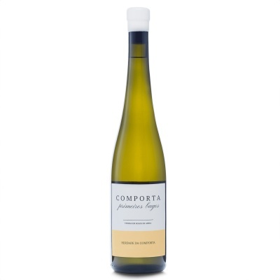 Garrafa verde translúcida com rótulo branco e bege, texto COMPORTA e primeiros bagos