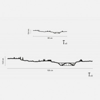 Desenho técnico em preto e branco mostrando dois perfis lineares com escalas e espessuras distintas