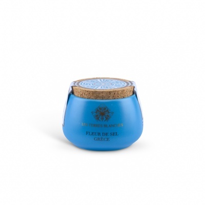 Frasco cerâmica azul com tampa cortiça rotulado 'FLEUR DE SEL GRÈCE'