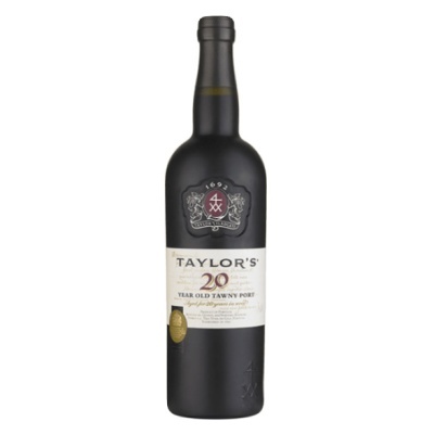Garrafa de vinho do Porto Taylor's 20 Year Old Tawny Port em vidro escuro com rótulo branco