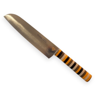 Faca de cozinha com lâmina metálica e cabo listrado colorido