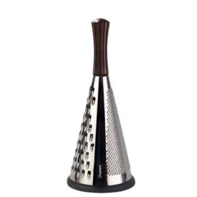 Ralador de cozinha em aço inoxidável com cabo de madeira escura e suporte preto