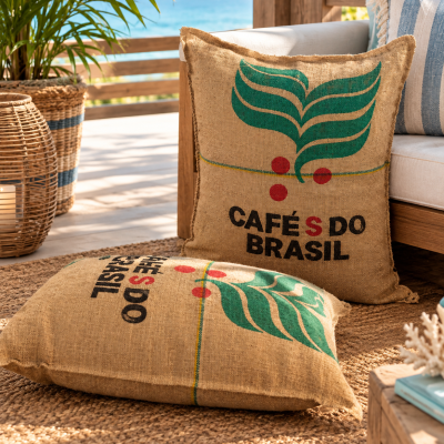 Almofadas quadradas de juta estampada com texto e desenho colorido, em ambiente decorado de madeira junto ao mar